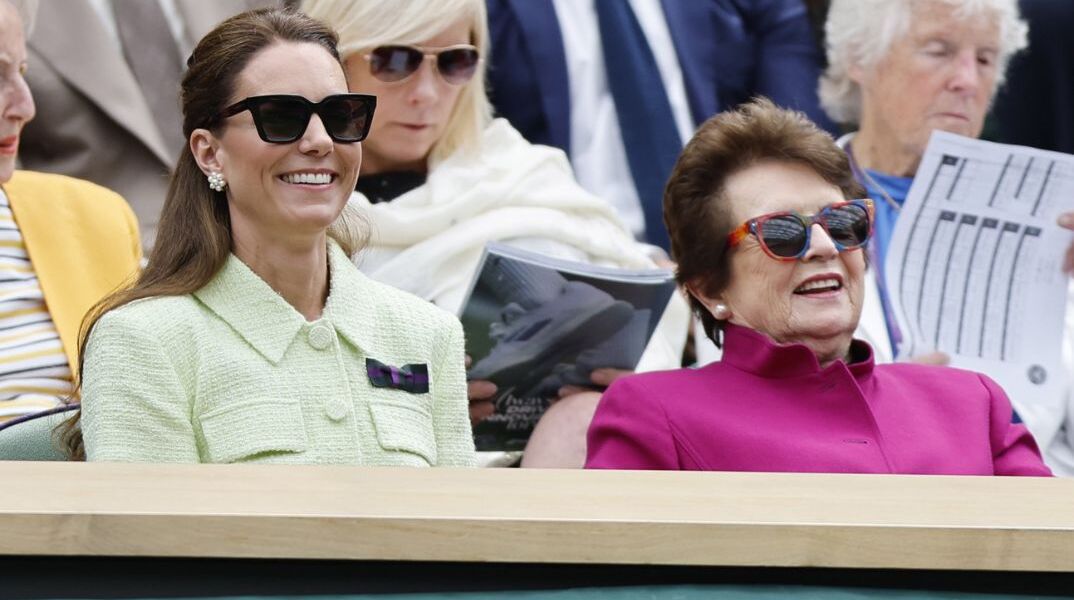 Britain's Catherine, Princess of Wales, (L) and former tennis champion Billie Jean King (R) attend the Women's Singles final match Ons Jabeur of Tunisia against Marketa Vondrousova of Czech Republic at the Wimbledon Championships, Wimbledon, Britain, 15 July 2023. EPA/TOLGA AKMEN EDITORIAL USE ONLY