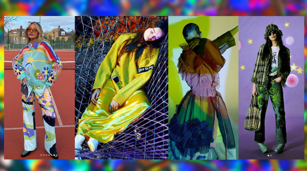 Τέσσερισ γυναίκες μοντέλα ντυμένες με ρούχα σε νέον αποχρώσεις με ψυχεδελικά σχέδια