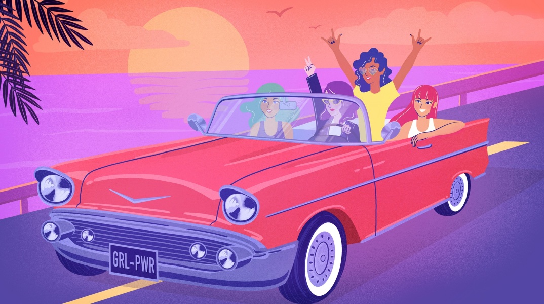 Εικονογράφηση που απεικονίζει 4 γυναίκες σε cabrio αυτοκίνητο