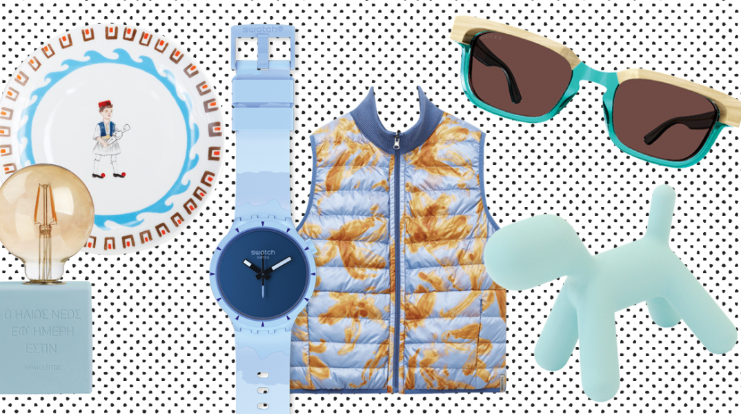 Πιάτο, ρολόι, αμάνικο μπουφάν, γυαλιά ηλίου, διακοσμητικός σκύλος σε γαλάζια χρώματα