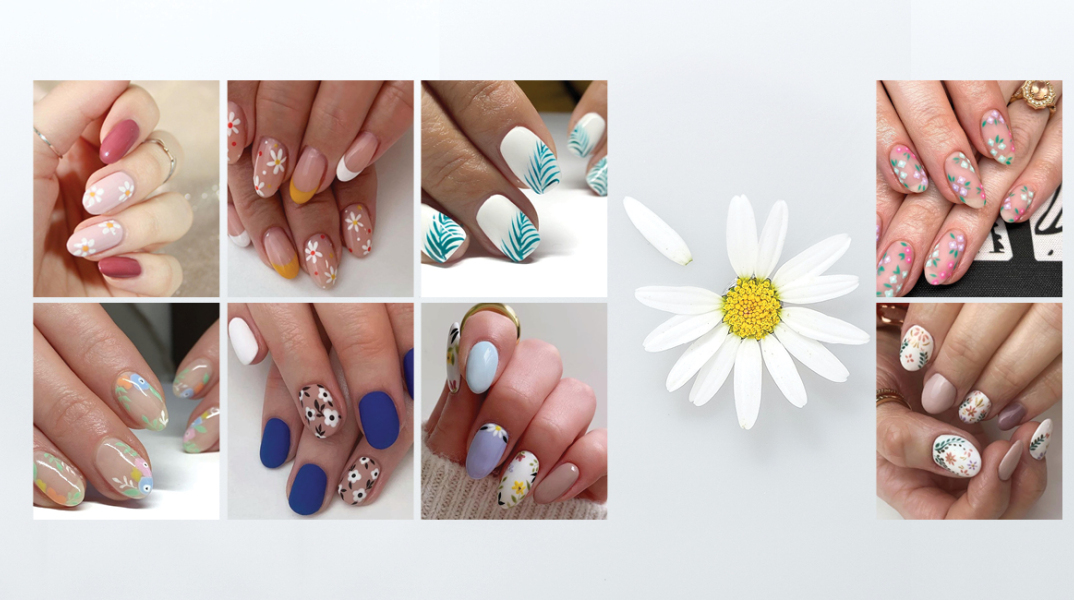 Γυναικεία χέρια με βαμμένα νύχια και σχέδια λουλούδια