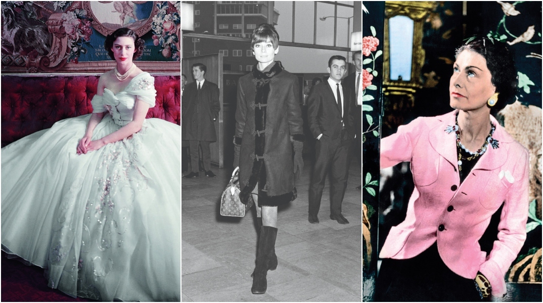 Από αριστερά: Η πριγκίπισα Μαργαρίτα με έξωμη λευκή τουαλέττα Dior. Η Audrey Hepburn με Louis Vuitton «Speedy» τσάντα. Η Σανέλ με ροζ σακάκι, ποζάρει στη σουίτα της στο Ritz
