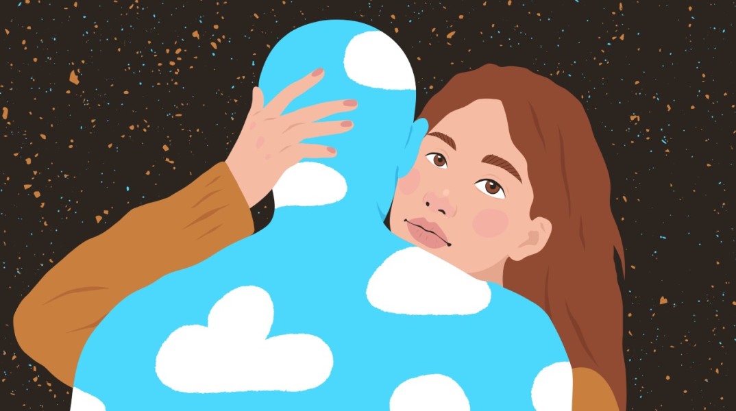 cartoon με κοπέλα που αγκαλιάζει κάποιον