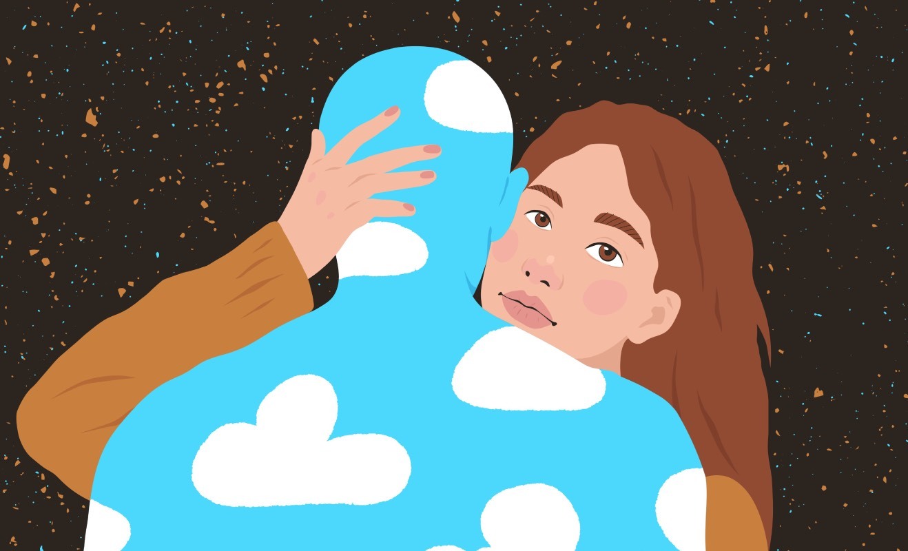 cartoon με κοπέλα που αγκαλιάζει κάποιον