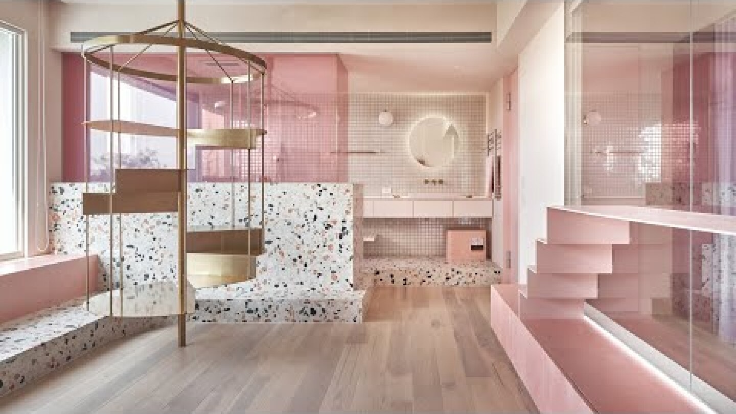 Pink holiday home by KC Design Studio features dedicated cat room