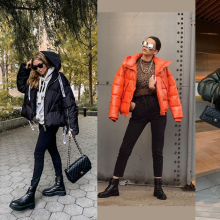 Τέσσερις γυναίκες που φορούν χοντρά puffer μπουφάν