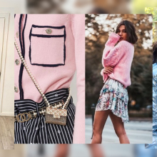 Γυναίκα με φούτερ και μαύρο παντελόνι, φωτογραφία γυναίκας εστιασμένη στους γοφούς που κρέμεται ένα μικρό τσαντάκι, γυναίκα με μίνι φόρεμα και πουλόβερ, γυναίκα με γυαλιά ηλίου κρατάει αγκαλιά ένα σκυλάκι