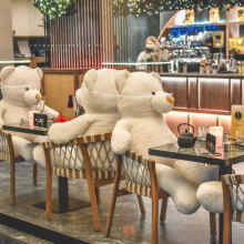 Λούτρινοι αρκούδοι κάθονται σε καρέκλες καφετέριας στην Καρδίτσα