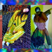 Τέσσερισ γυναίκες μοντέλα ντυμένες με ρούχα σε νέον αποχρώσεις με ψυχεδελικά σχέδια