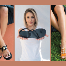 Φωτογραφίες γυναικείων ποδιών με σανδάλια και φωτογραφία πορτραίτο της Σοφίας Μαντά