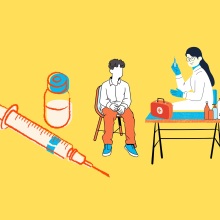 Εικονογράφηση που απεικονίζει νοσηλεύτρια να προετοιμάζει εμβολιασμό ανθρώπου