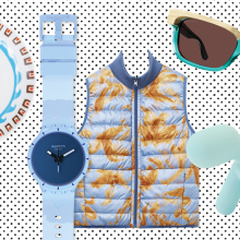 Πιάτο, ρολόι, αμάνικο μπουφάν, γυαλιά ηλίου, διακοσμητικός σκύλος σε γαλάζια χρώματα