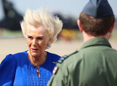 The Queen’s hair goes wild on visit to RAF base
