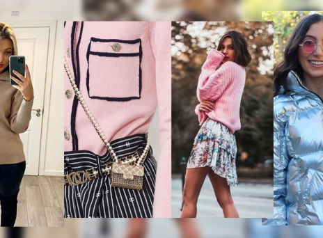 Γυναίκα με φούτερ και μαύρο παντελόνι, φωτογραφία γυναίκας εστιασμένη στους γοφούς που κρέμεται ένα μικρό τσαντάκι, γυναίκα με μίνι φόρεμα και πουλόβερ, γυναίκα με γυαλιά ηλίου κρατάει αγκαλιά ένα σκυλάκι