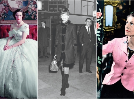 Από αριστερά: Η πριγκίπισα Μαργαρίτα με έξωμη λευκή τουαλέττα Dior. Η Audrey Hepburn με Louis Vuitton «Speedy» τσάντα. Η Σανέλ με ροζ σακάκι, ποζάρει στη σουίτα της στο Ritz