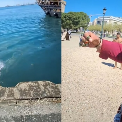 Μακροβούτι στον Θερμαϊκό από έναν νεαρό τραβάει τα βλέμματα των περαστικών – Βίντεο