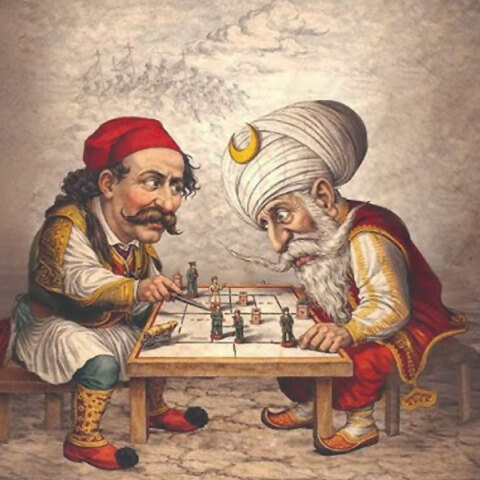 Σύνθεση του Αναστάση Συρίγου για το εξώφυλλο του βιβλίου «Ελλάδα και Τουρκία: 50 ερωτήματα και απαντήσεις» του  Άγγελου Μ. Συρίγου, Εκδόσεις Πατάκη