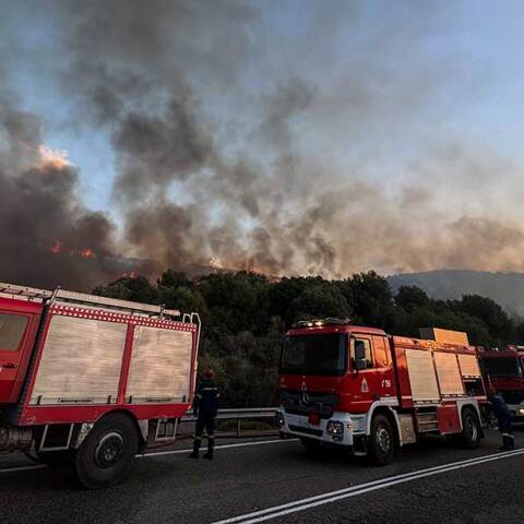 Πυροσβεστικά οχήματα σχηματίζουν «τείχος» σε δασική πυρκαγιά