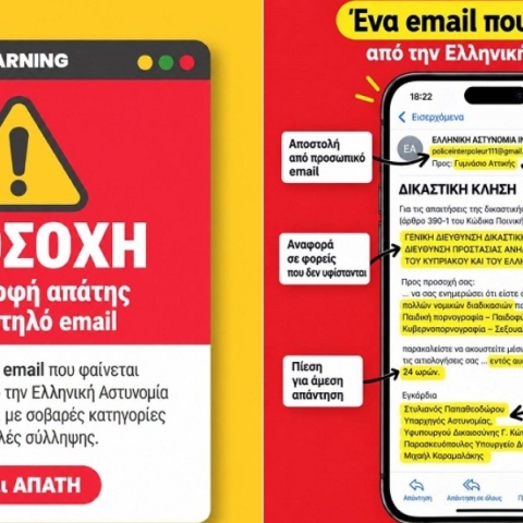 Προειδοποίηση από την ΕΛΑΣ για νέα απατηλά email με δήθεν δικαστικές κλήσεις