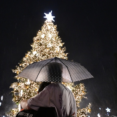 Ζευγάρι αγκαλιασμένο κάτω από ομπρέλα απολαμβάνει το χριστουγεννιάτικο δέντρο στην πλατεία Συντάγματος