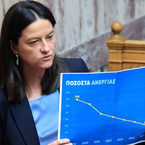 Η Νίκη Κεραμέως, σε παλαιότερη κοινοβουλευτική συνεδρίαση, δείχνει πίνακα με τη μείωση της ανεργίας στην Ελλάδα