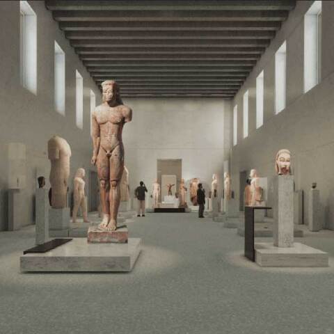 Φωτορεαλιστική απεικόνιση από την αίθουσα με τους Κούρους και τις Κόρες στο Εθνικό Αρχαιολογικό Μουσείο