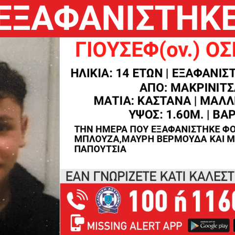 Συναγερμός για την εξαφάνιση 14χρονου από τη Μακρυνίτσα