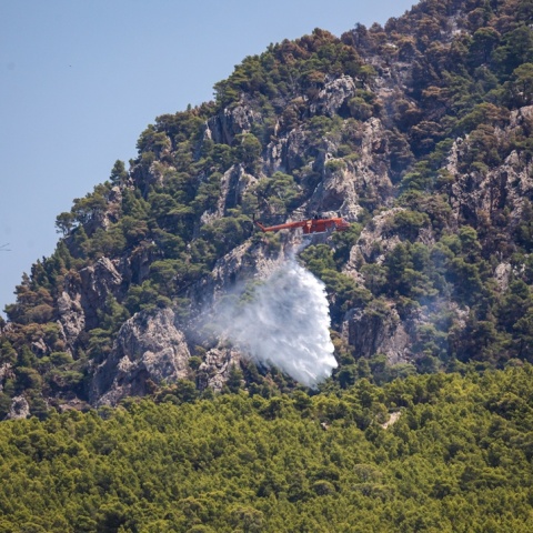 Πυροσβεστικό ελικόπτερο πάνω από δασική έκταση που έχει πάρει φωτιά