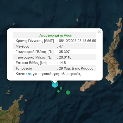 Σεισμός 4,1 Ρίχτερ τα ξημερώματα στην Κάσο