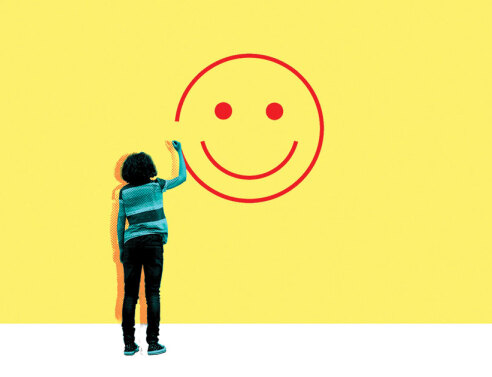 Εικονογράφηση: Κοπέλα ζωγραφίζει χαμογελαστή φατσούλα σε τοίχο