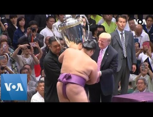 Trump, Abe Attend Sumo Event, Trump Presents Trophy to Sumo Winner in Japan
