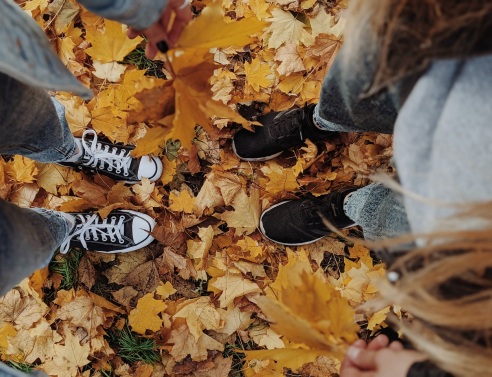Κορίτσια στέκονται όρθια πάνω σε κιτρινισμένα, πεσμένα φύλλα δέντρων