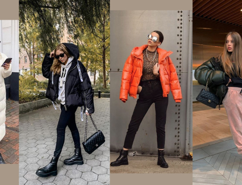 Τέσσερις γυναίκες που φορούν χοντρά puffer μπουφάν