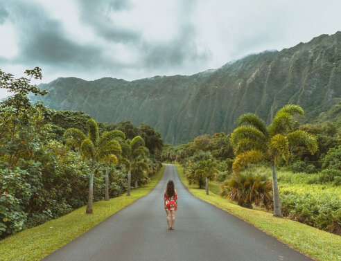 Γυναίκα στέκεται στη μέση ενός δρόμου με φόντο πράσινα δαση