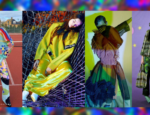 Τέσσερισ γυναίκες μοντέλα ντυμένες με ρούχα σε νέον αποχρώσεις με ψυχεδελικά σχέδια