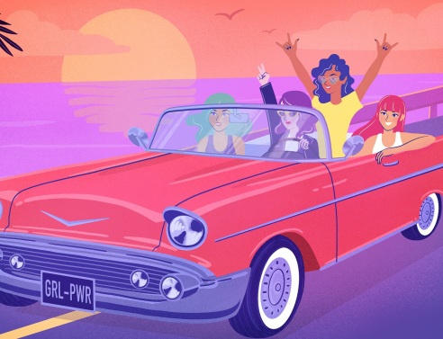 Εικονογράφηση που απεικονίζει 4 γυναίκες σε cabrio αυτοκίνητο