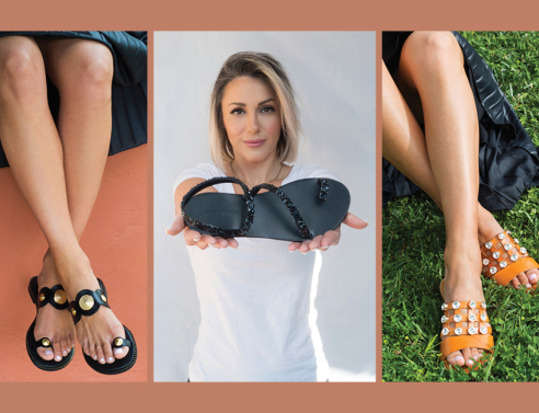 Φωτογραφίες γυναικείων ποδιών με σανδάλια και φωτογραφία πορτραίτο της Σοφίας Μαντά