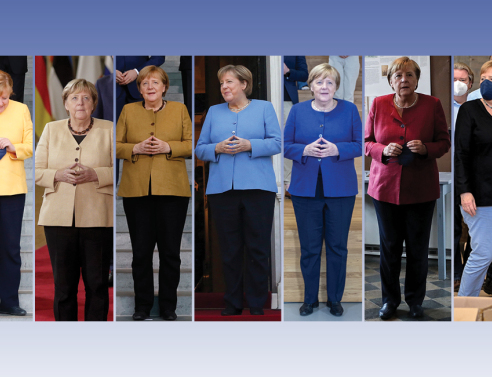 Η Άνχελα Μέρκελ με τη χαρακτηριστική «στολή» της, το ίδιο σακάκι σε διάφορα χρώματα. 