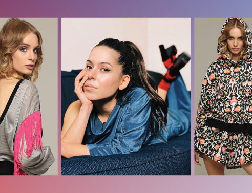 Η Μαργαρίτα Λέτζου, ιδιοκτήτρια και σχεδιάστρια του ελληνικού brand Angry Sally και δύο γυναίκες μοντέλα με ρούχα της συλλογής