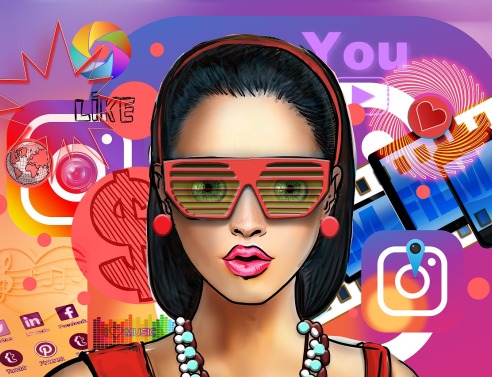 Σκίτσο γυναίκας influencers περιτριγυρισμένης από εικονίδια των social media