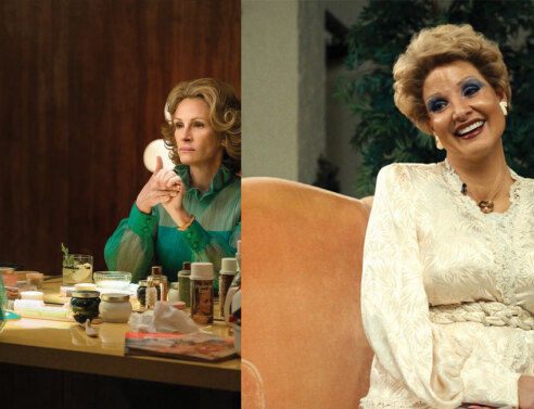 Η Julia Roberts (αριστερά) ως Μάρθα Μίτσελ στη σειρά Gaslit και η Jessica Chastain ως Τάμι Φέι στην ταινία The eyes of Tammy Faye