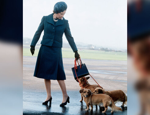 Η βασίλισσα Ελισάβετ φτάνει στο αεροδρόμιο του Aberdeen της Σκωτίας, μαζί με τα corgi σκυλάκια της, για τις διακοπές της στο Balmoral, 1974