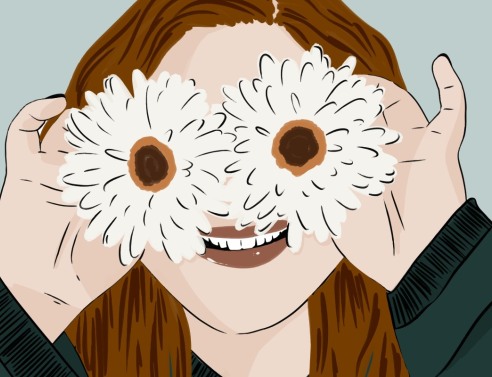 Σκίτσο κοπέλας που κρατάει μπροστά από τα μάτια της δύο μεγάλες μαργαρίτες