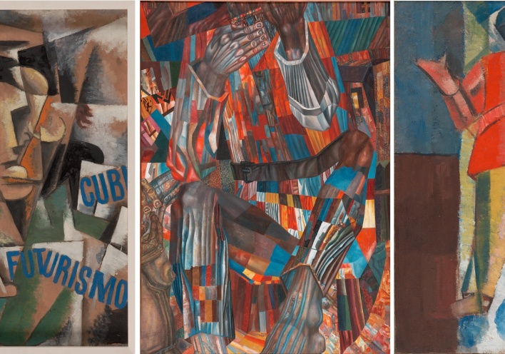 Λιουμπόβ Ποπόβα, Κυβοφουτουριστικό πορτρέτο, 1914, Λάδι σε χαρτόνι / ΒσέβολοντΣουλίμο-Σαμουίλο, Τμήμα από διακοσμητικό πανό για τον Κρατικό Οίκο Τυπογραφίας του Λένινγκραντ, 1927, Λάδι σε καμβά / Αλεξέι Μοργκουνόφ, Όρθια φιγούρα (αεροπόρος), 1913, Λάδι σε καμβά 