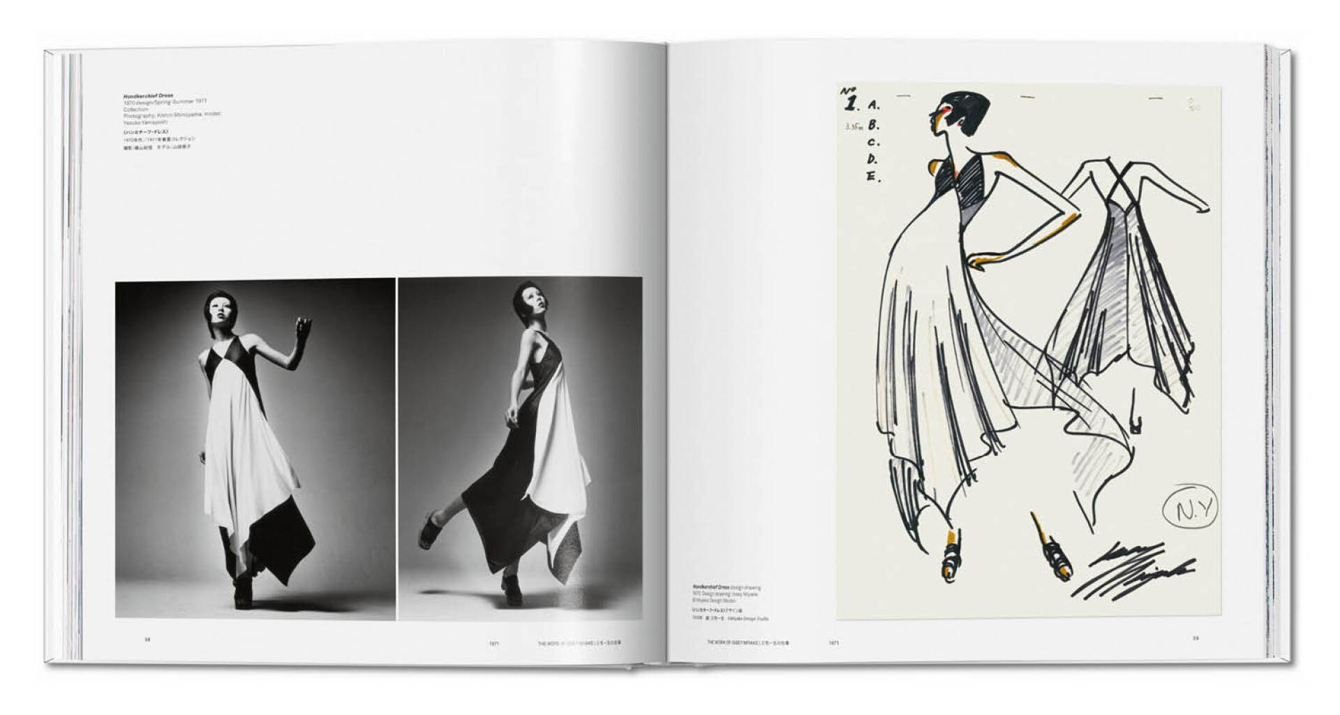 Issey Miyake. (Αριστερά): Σχέδιο του 1970 για τη συλλογή Άνοιξη-Καλοκαίρι 1971. (Δεξιά): Το Handkerchief Dress (το Φόρεμα Μαντήλι), 1970.