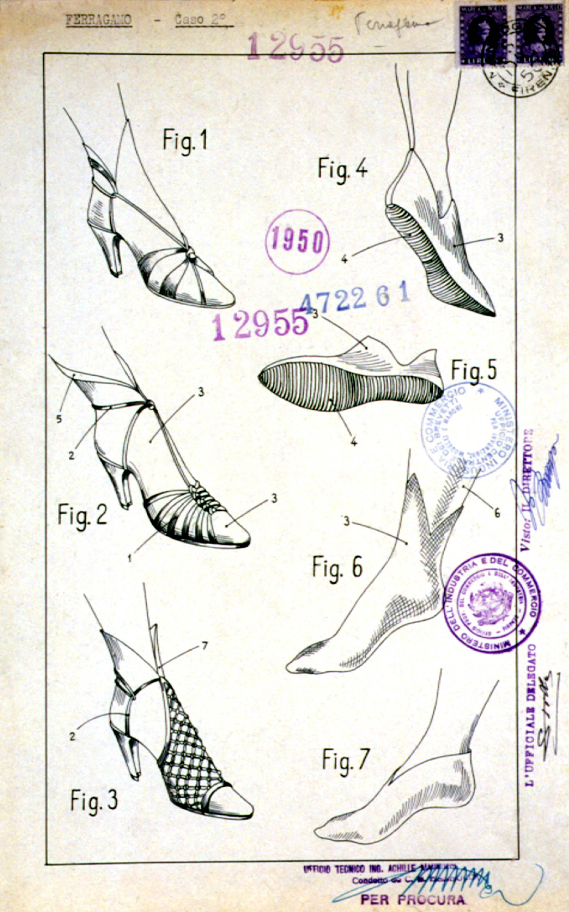 Salvatore Ferragamo, Ευρεσιτεχνία αρ. 472261: γυναικείο σανδάλι σε συνδυασμό με κόντρα παπούτσι που κολλάει στο πόδι, 13 Ιουνίου 1952, Archivio Centrale dello Stato, Ρώμη