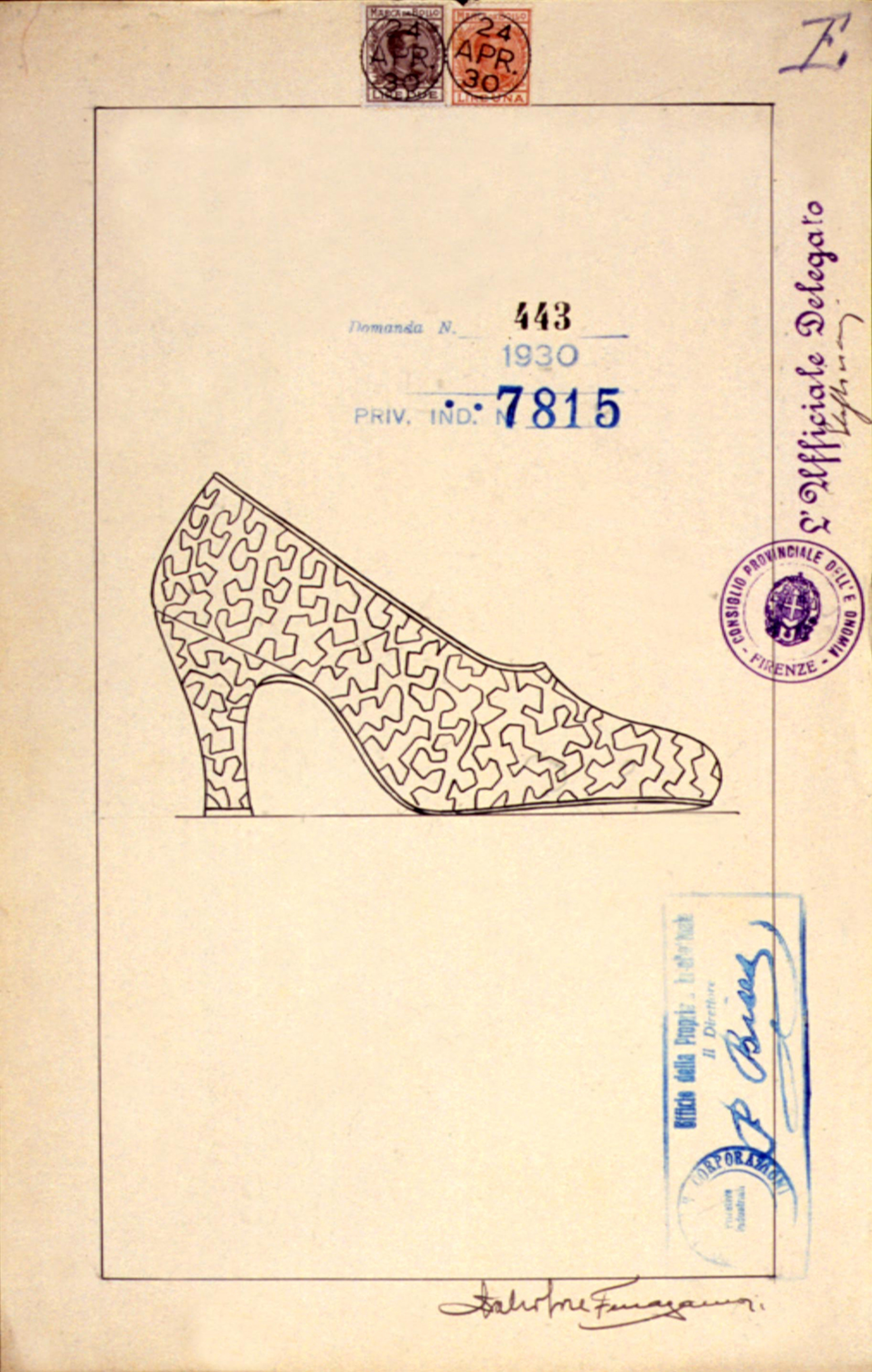 Salvatore Ferragamo: Γυναικείο παπούτσι με μοτίβο λαβύρινθου, 28 Ιανουαρίου 1931 Archivio Centrale dello Stato, Ρώμη