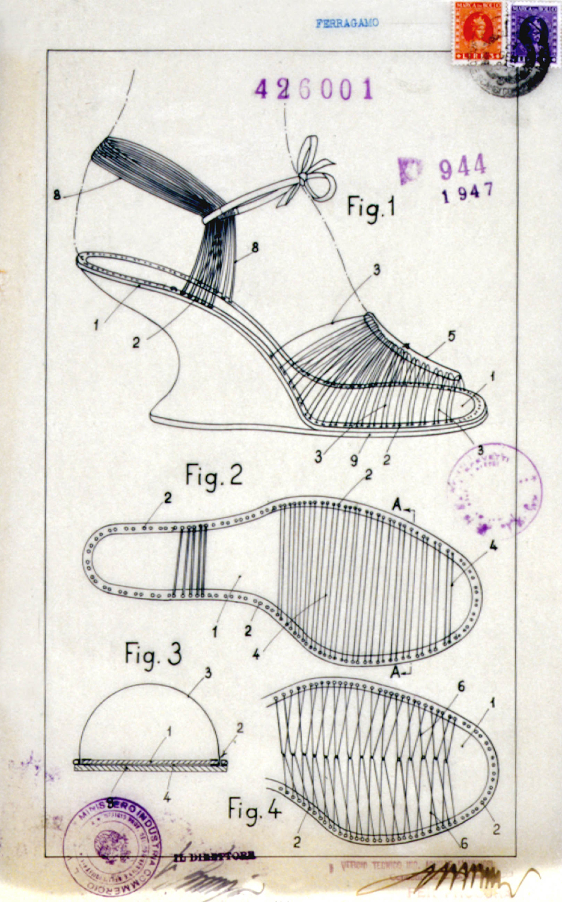 Salvatore Ferragamo,Ευρεσιτεχνία αρ. 426001: Διαδικασία χειροτεχνίας παπουτσιών με επάνω μέρος κατασκευασμένο από κλωστή χωρίς ραφή, σπάγγο, κορδέλα και παρόμοια, 17 Οκτωβρίου 1947 Archivio Centrale dello Stato, Ρώμη