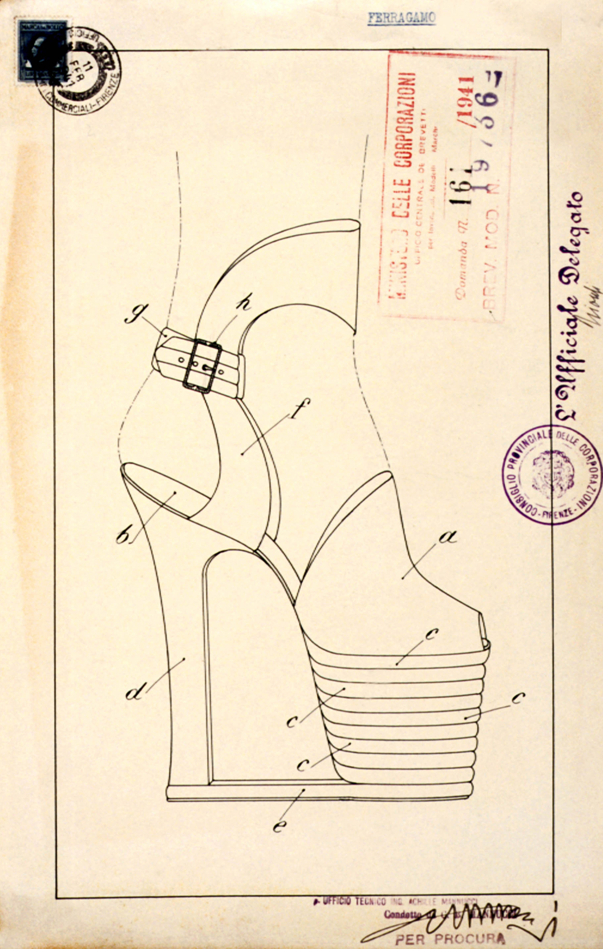 Salvatore Ferragamo, Ευρεσιτεχνία αρ. 19736: Γυναικείο σανδάλι με πολυστρωματική ανασηκωμένη σόλα και σύνδεση μεταξύ της σόλας και της φτέρνας, 23 Ιουλίου 1941. Archivio Centrale dello Stato, Ρώμη