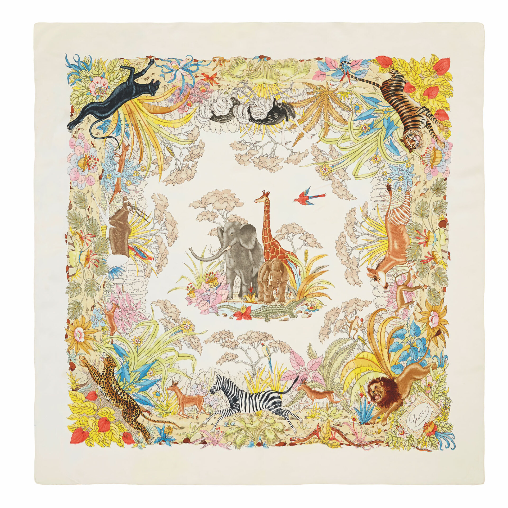 Mεταξωτό μαντίλι με ζωγραφιά εμπνευσμένη από σαφάρι, του Vittorio Accornero (Βιτόριο Ακορνέρο), 1969